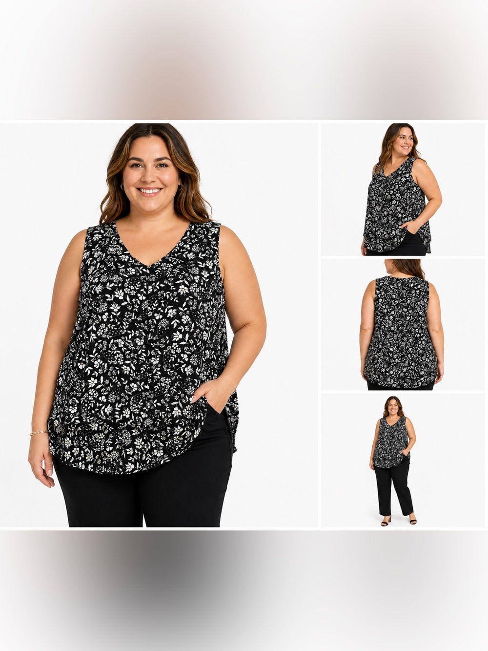 Zac & Rachel Woman 3X Black White Floral Layered Sleeveless Blouse